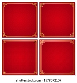 Set of oriental chinese border ornament on red background, vector illustration