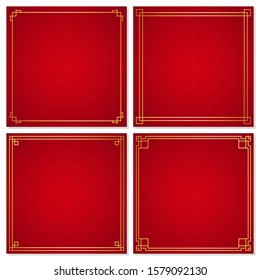 Set of oriental chinese border ornament on red background, vector illustration