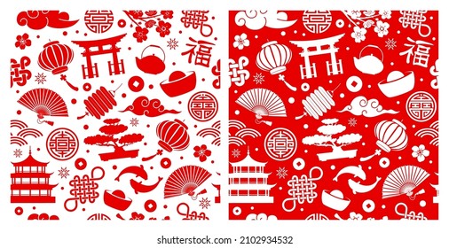 Set of oriental chinese seamless patterns. Traditional asian objects, paper lanterns, clouds, fans, fish, auspicious symbols etc. Red and white colors. Vector illustration.