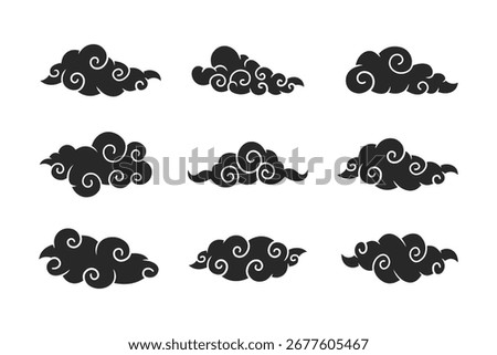 Set of Oriental Cloud Swirl Silhouette Vector Illustrations