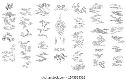 Set Of Oriental  Clouds Illustration. Japan Cloud . Linear Style. Vector