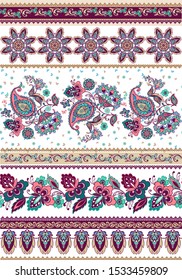 Set of oriental colorful floral borders with paisley.  Floral wallpaper. Decorative ornament for fabric, textile, wrapping paper.