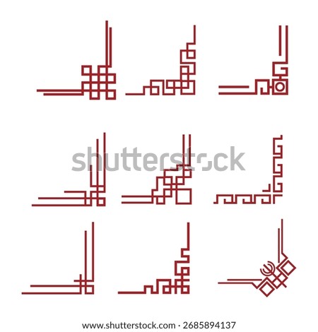 Set of oriental corner with red outline. Suitable for use as a design template with a Chinese New Year or Southeast Asian theme.
