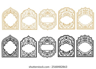 Set of Oriental Decorative vintage baroque arabesque frames and borders. Luxury Arabic islamic arch shape design with copy space for tittle text. Ornate Calligraphy Template design collection