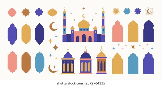 Set of oriental elements, symbols and icons of Ramadan Kareem and Eid Mubarak in geometric style. Islamic windows and arches, mosque, stars and crescent, lanterns. Vector modern illustration.