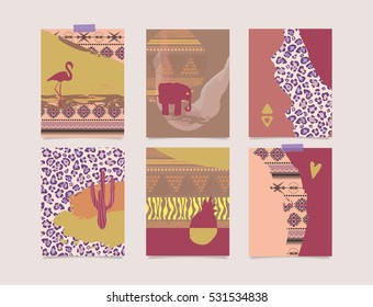 Set of oriental, exotic backgrounds in warm colors. African, Indian, ethnic designs. Animal skin, safari, jungle, bohemian patterns cards. 