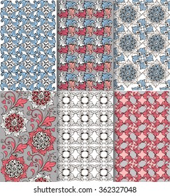 Set of Oriental floral seamless pattern. Blue and pink. Decorative ornament backdrop for fabric, textile, wrapping paper.
