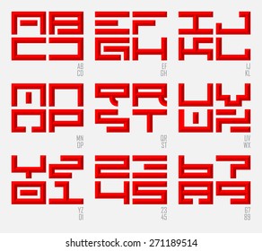 Set of Oriental fonts and numbers in east style. Capital letters.  Vector Illustration