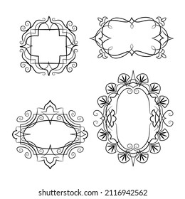 A set of oriental frames for greeting cards. Space for text. Vector illustration with black contour lines isolated on a white background.