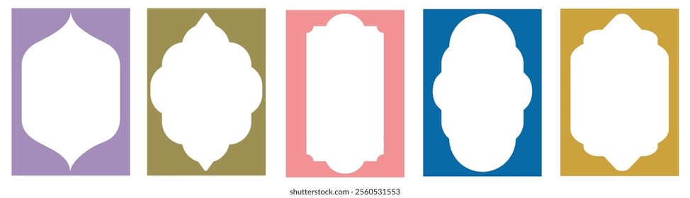 Set of oriental frames in trendy colors. Asian or islamic window and arch shapes isolated on white background.