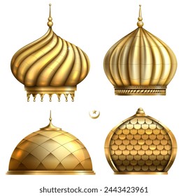 Set of oriental golden domes. Cathedral, mosque. Elements of architecture. Roofs tiles