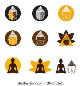 Set of Oriental icons. Templates of symbols of the Buddha, lotus, meditation, and others. Vector Collection.