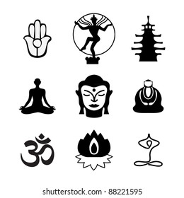 Set of Oriental icons. Templates of symbols of the Buddha, lotus, meditation, and others. Vector Collection.