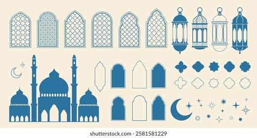 Set of of oriental Islamic elements for Ramadan Kareem and Eid Mubarak celebration  in geometric flat style. Mosque, lanterns, windows, arches, moon and stars. Modern vector illustration