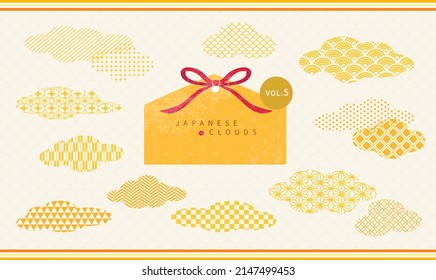 Conjunto de patrones abstractos orientales japoneses con nubes retro