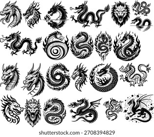 Conjunto de monstro oriental com cuspir fogo. Variedade de tatuagem para tema de arte do corpo draconiano