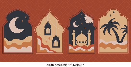 Set Of Oriental Muslim Windows With Crescent, Mosque, Palm, Lantern Vector Illustration In Flat Style 