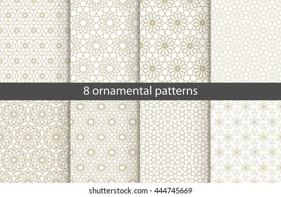 Set of ?ight oriental patterns. White and gold background with Arabic ornaments. Patterns, backgrounds and wallpapers for your design. Textile ornament. Vector illustration.