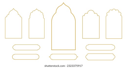 Set of oriental style arabic gold borders and frames. Collection of linear style Islamic windows, doors in boho style. Arabic minimal shape arch. Golden Design element for design. Ramadan kareem