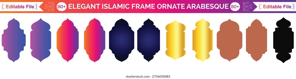 Set of oriental style Arabic gold borders and frames. Collection of linear style Islamic windows, doors in bobo style. Arabic minimal shape arch. Golden Design element for design. Ramadan Kareem