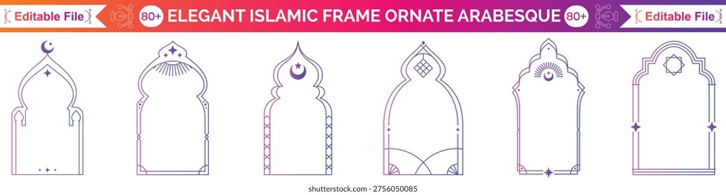 Set of oriental style Arabic gold borders and frames. Collection of linear style Islamic windows, doors in bobo style. Arabic minimal shape arch. Golden Design element for design. Ramadan Kareem