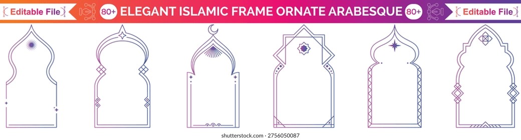 Set of oriental style Arabic gold borders and frames. Collection of linear style Islamic windows, doors in bobo style. Arabic minimal shape arch. Golden Design element for design. Ramadan Kareem