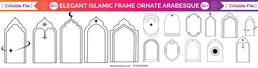 Set of oriental style Arabic gold borders and frames. Collection of linear style Islamic windows, doors in bobo style. Arabic minimal shape arch. Golden Design element for design. Ramadan Kareem
