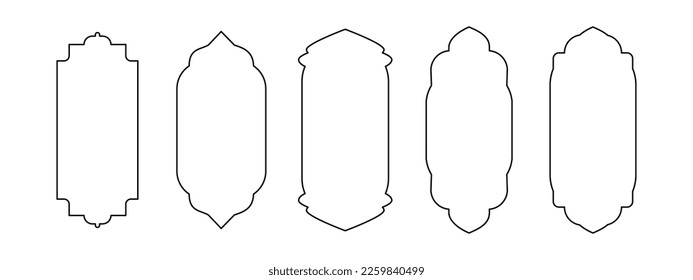 Set of oriental style Islamic ramadan kareem and eid mubarak windows and arches, door mosque, mosque dome and lanterns. Vector illustration isolated on white background