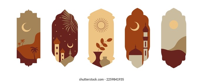 Set of oriental style Islamic ramadan kareem windows and arches with moon, mosque dome, mountain landscape, plants. Colored vector illustration isolated on white background