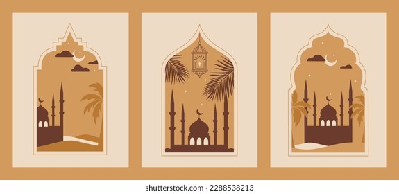 Set of Oriental style Islamic window, arch with lantern, mosque, palms and stars. For islamic holiday. Ramadan traditions. Eid-al-Fitr greeting.