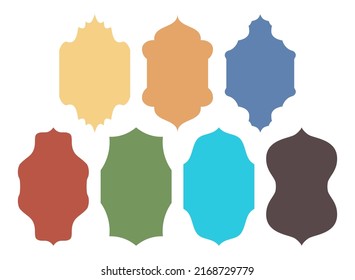 Set of oriental style Islamic windows or mosque dome silhouette. Ramadan sale frame for social media post template banners ad. Multicolored elements isolated on a white background.Vector illustration