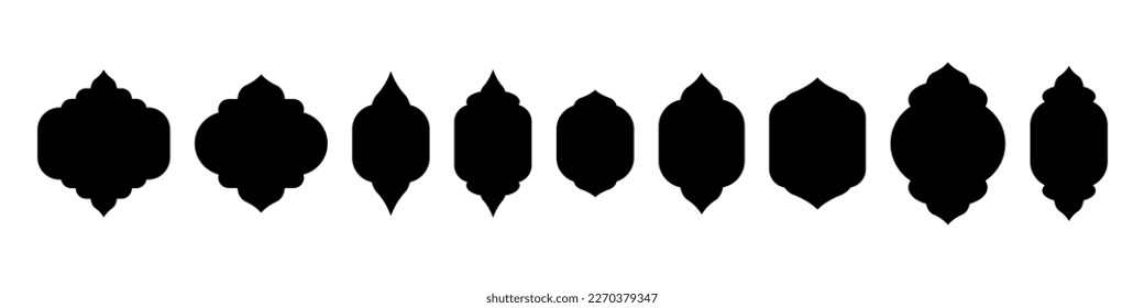 Set of oriental style Islamic windows. Black silhouettes of arches. Vector illustration isolated on white background.