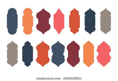 Set of oriental style Islamic windows and arches with modern boho design, mosque dome and lanterns. vector illustration