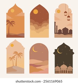 Set of oriental style islamic windows in boho design with moon, mosque dome, lantern and desert.