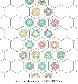 Set in oriental style on hexagons background