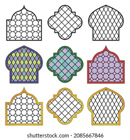 Set of oriental style windows in different variations. Vector illustration, isolated on white background