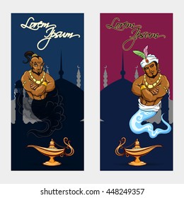 Set of oriental tale banners with genie lamp and mosque. Vector illustration