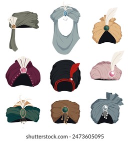 Conjunto de turbantes orientales. Las Ilustraciones vectoriales muestran diferentes Formas, colores y detalles decorativos que reflejan la moda cultural. Iconos planos y aislados.