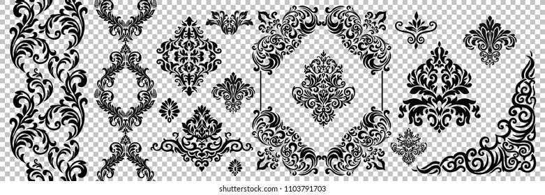 Set of Oriental vector damask patterns for greeting cards and wedding invitations.