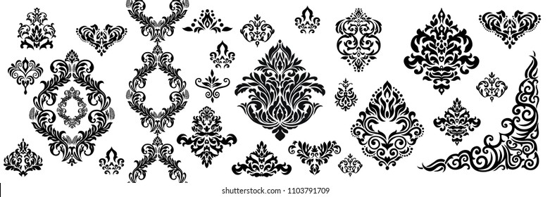 Set of Oriental vector damask patterns for greeting cards and wedding invitations.