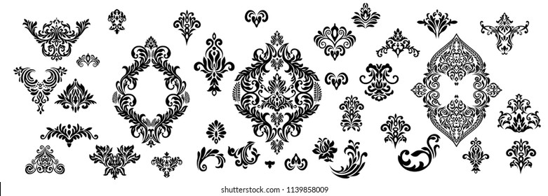 Set of Oriental vector damask patterns for greeting cards and wedding invitations.