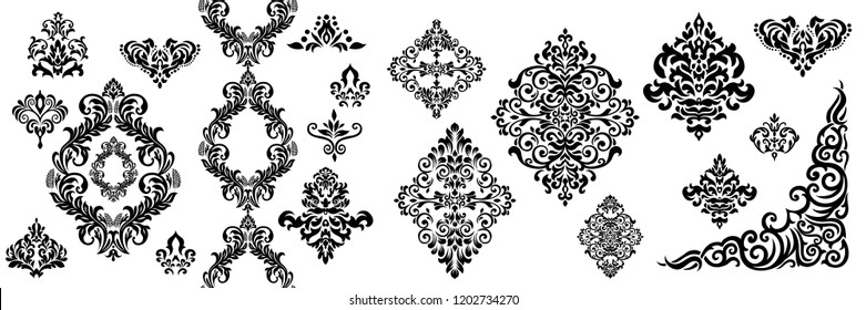 Set of Oriental vector damask patterns for greeting cards and wedding invitations.
