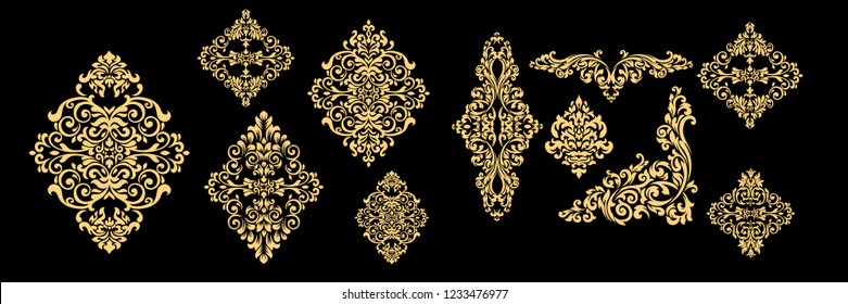 Set of Oriental vector damask patterns for greeting cards and wedding invitations.