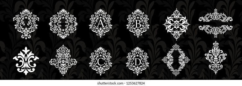 Set of Oriental vector damask patterns for greeting cards and wedding invitations.