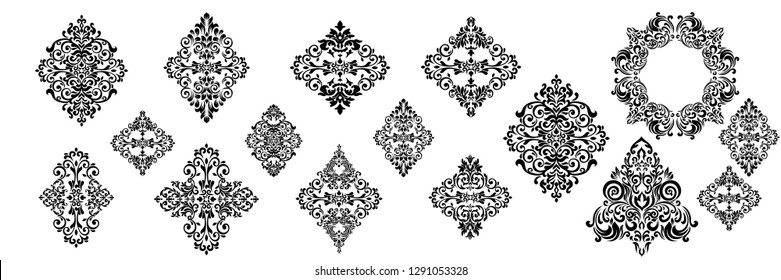 Set of Oriental vector damask patterns for greeting cards and wedding invitations.