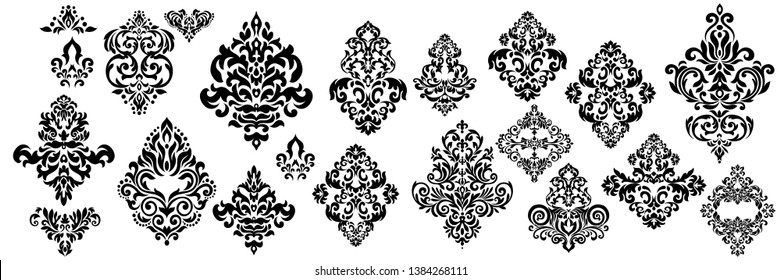 Set of Oriental vector damask patterns for greeting cards and wedding invitations.