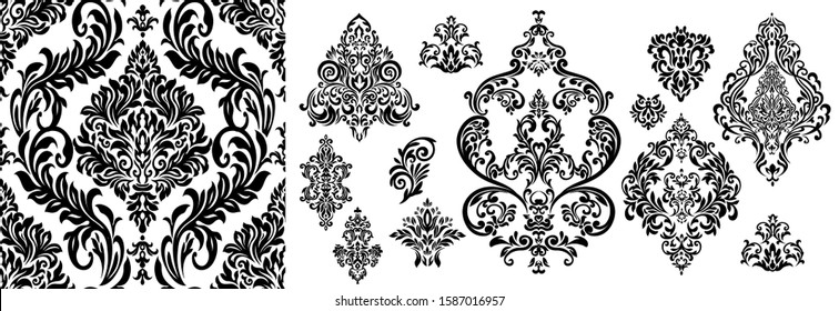 Set of Oriental vector damask patterns for greeting cards and wedding invitations.