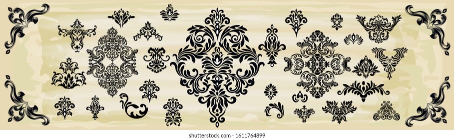 Set of Oriental vector damask patterns for greeting cards and wedding invitations.