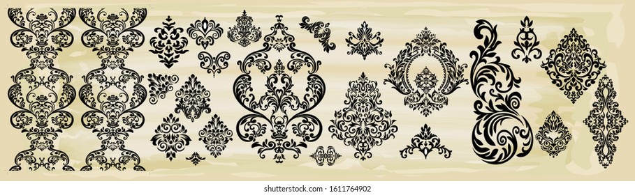 Set of Oriental vector damask patterns for greeting cards and wedding invitations.