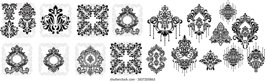 Set of Oriental vector damask patterns for greeting cards and wedding invitations.